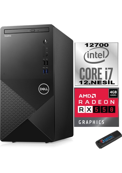 Vostro 3910 mt Intel Core I7 12700 12GB 1tb SSD Windows 11 Home Amd RX550-4GB Masaüstü Bilgisayar N3910RX550H03 + Zetta USB Bellek