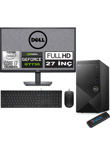 Vostro 3910 mt Intel Core I7 12700 16GB 1tb SSD 27" Fhd Windows 11 Pro Nvidia GT730-4GB Masaüstü Bilgisayar 27N3910GT730P08 + Zetta USB Bellek