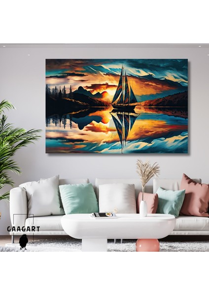 Tekli Yatay Kanvas Duvar Tablosu Gemi Günbatımı ve Dağ Manzara