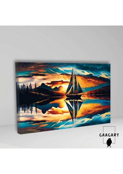 Tekli Yatay Kanvas Duvar Tablosu Gemi Günbatımı ve Dağ Manzara fiyatları