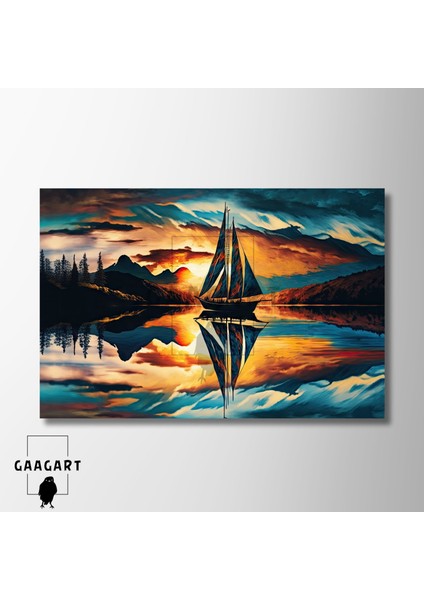 Tekli Yatay Kanvas Duvar Tablosu Gemi Günbatımı ve Dağ Manzara modelleri