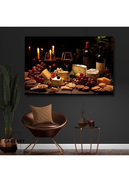 Tekli Yatay Kanvas Cafe Bar Duvar Tablosu Şarap Peynir ve Üzüm