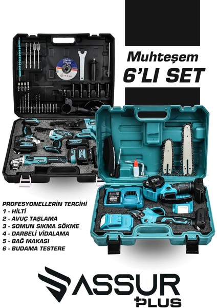 Assur Plus Lüx 6 Lı Set Kömürsüz Kırıcı Delici Hilti-Vidalama-Taşlama-Somun Sökme-Budama Testeresi-Budama Makası