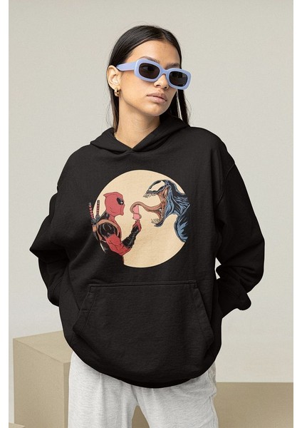 Deadpool x Venom Marvel Karakterler Baskılı Unisex Oversize Hoodie modelleri