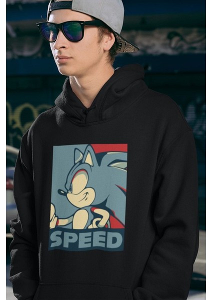 Speed Çizgi Film Sonic Baskılı Unisex Oversize Hoodie