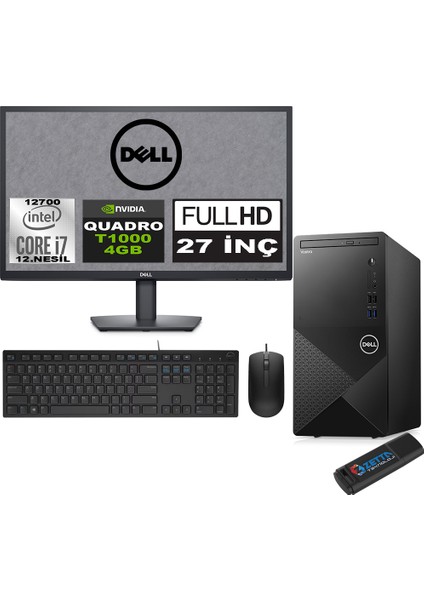 Vostro 3910 mt Intel Core I7 12700 64GB 2tb SSD 27" Fhd Windows 11 Home Quadro T1000-4GB Masaüstü Bilgisayar 27N3910T1000H29 + Zetta USB Bellek