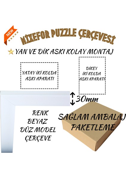 1500 Parça Puzzle Çerçevesi Ölçü 85 x 60 cm Renk Beyaz Arka Destek Mdf -Ön Yüzey Kırılmaz Parlama Yapmayan Pleksi