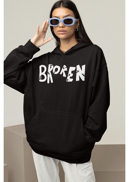 Broken Yazılı Unisex Oversize Hoodie modelleri