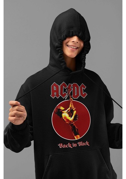 Ac Dc Back In Black Baskılı Unisex Oversize Rock Metal Hoodie