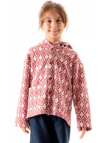 Mini Kids – Ethnic Kapşonlu Kırmızı/beyaz Renk, %100 Pamuk Triko, Düğmeli Çocuk Ceket