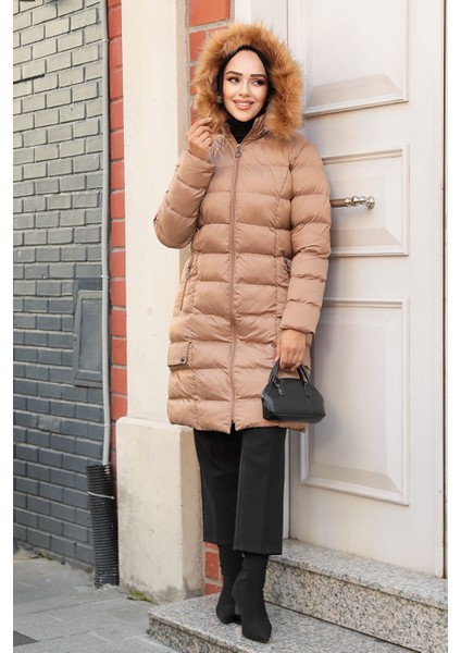 Kapşonlu Camel Tesettür Şişme Mont 9781C