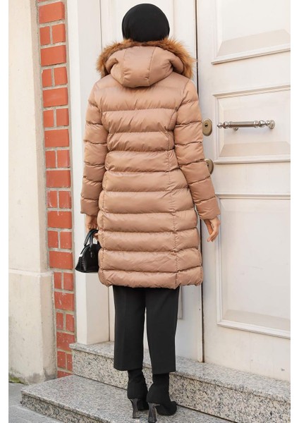Kapşonlu Camel Tesettür Şişme Mont 9781C modelleri