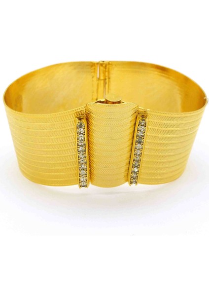 Altın Kaplama Taşlı Trabzon Hasırı Bayan Bilezik Kelepçe-5.1-6.3cm Boy