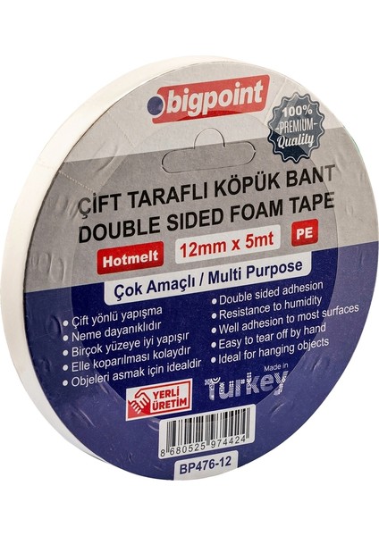 | Çift Taraflı Köpük Bant, Dayanıklı Montaj Bandı, 12 mm x 5 M