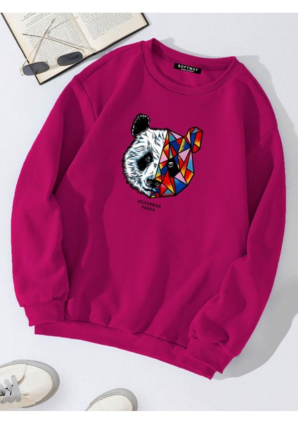 Oversize Bisiklet Yaka Basic Heiparman Panda Baskılı Sweatshirt - Fuşya