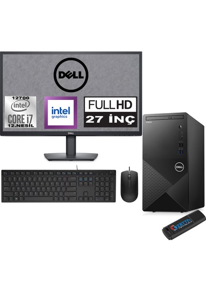 Vostro 3910 mt Intel Core I7 12700 64GB 512GB SSD 27" Fhd Windows 11 Home Intel® UHD Graphics 770 Masaüstü Bilgisayar 27N3910EMEAH27 + Zetta USB Bellek