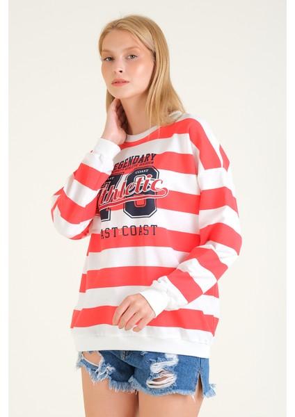 Kadın Baskılı Çizgili Oversize Sweatshirt Kırmızı modelleri