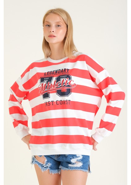Kadın Baskılı Çizgili Oversize Sweatshirt Kırmızı fırsatları