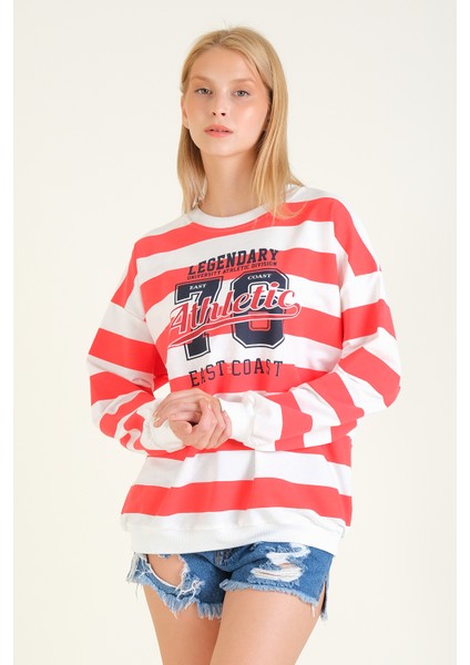Kadın Baskılı Çizgili Oversize Sweatshirt Kırmızı indirimleri