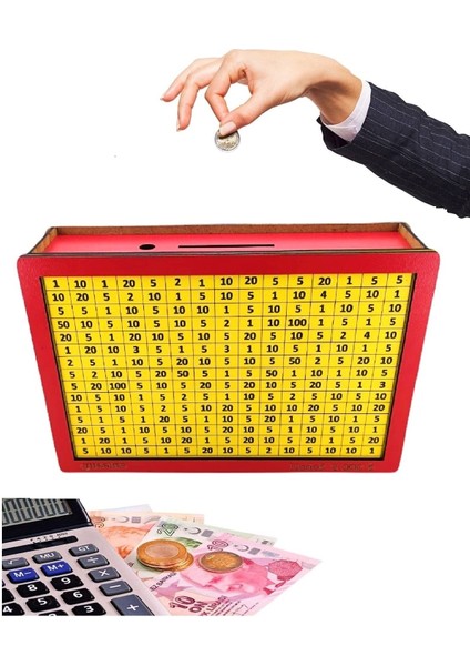 Sarı Kırmızı Parabox Hedefli Para Biriktirme Kumbarası 3.000 Hedefli Ahşap Para Kutusu