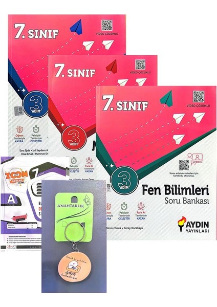 7. Sınıf Üç Adım Matematik - Fen Bilimleri - Türkçe Soru Bankası - Günay Yayınları Deneme - Açacaklı Anahtarlık