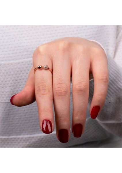 Rose Renk Taş Top Detaylı Gümüş Yüzük NUR-YZ00134