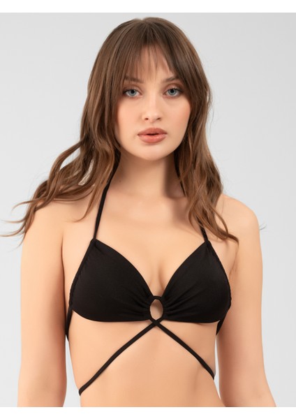 Parlak Siyah Bandeau Bikini Üstü