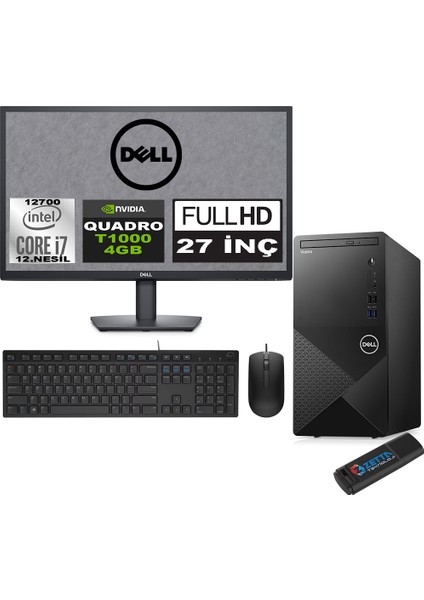 Vostro 3910 mt Intel Core I7 12700 12GB 1tb SSD 27" Fhd Windows 11 Pro Quadro T1000-4GB Masaüstü Bilgisayar 27N3910T1000P03 + Zetta USB Bellek