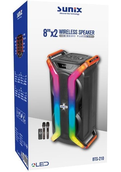 40W 5500 Mah X-Bass Çift Mikrofon ve Kumandalı LED Işıklı Bluetooth Hoparlör BTS-210