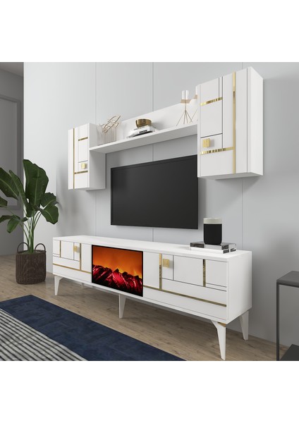 Demonte Decor Madera Şömineli Tv Ünitesi Takımı Beyaz-Altın