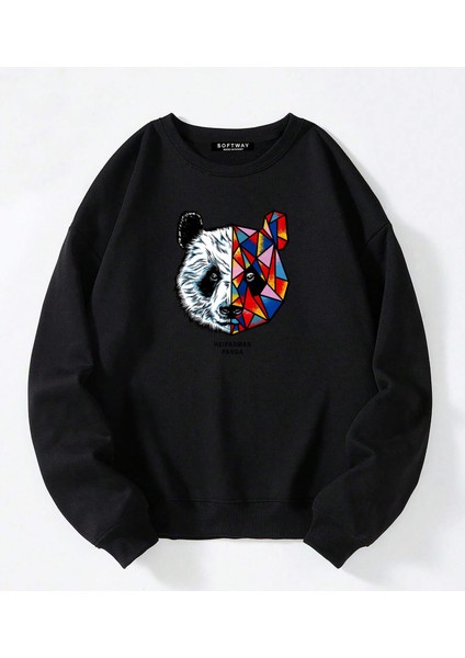 Unisex Oversize Bisiklet Yaka Basic Heiparman Panda Baskılı Sweatshirt - Siyah
