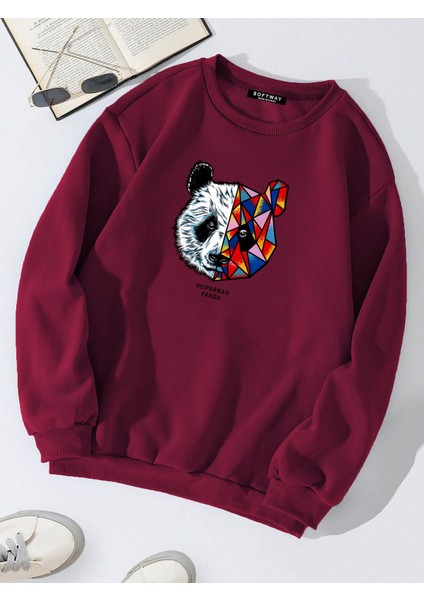 Unisex Oversize Bisiklet Yaka Basic Heiparman Panda Baskılı Sweatshirt - Bordo