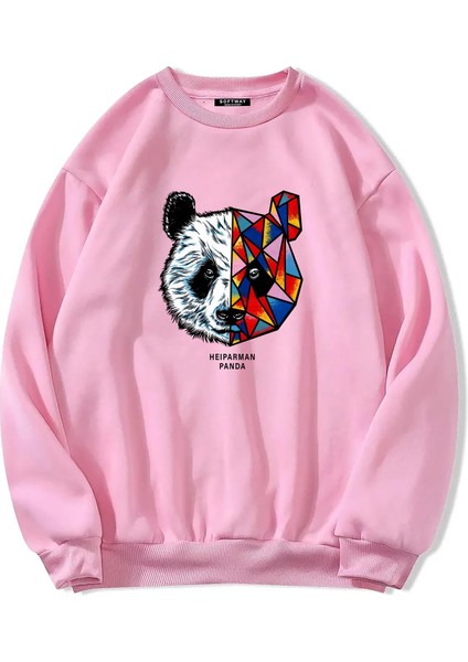 Unisex Oversize Bisiklet Yaka Basic Heiparman Panda Baskılı Sweatshirt - Pembe