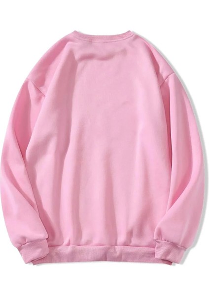 Unisex Oversize Bisiklet Yaka Basic Heiparman Panda Baskılı Sweatshirt - Pembe