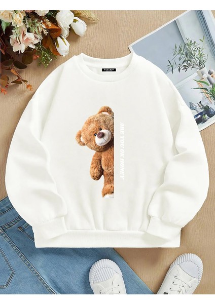 Unisex Oversize Bisiklet Yaka Basic Are You Ok Honey Baskılı Sweatshirt - Ekru