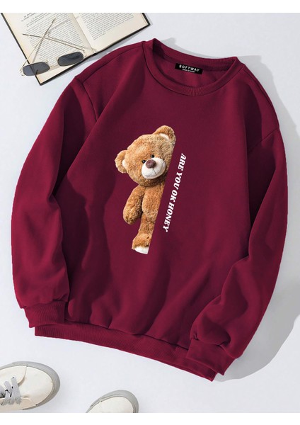 Unisex Oversize Bisiklet Yaka Basic Are You Ok Honey Baskılı Sweatshirt - Bordo