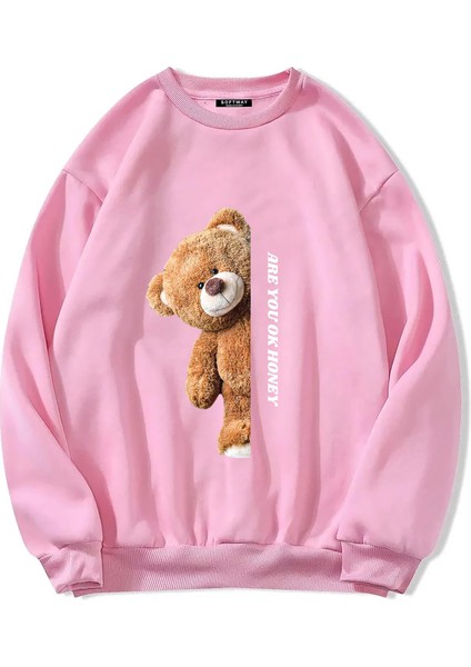 Unisex Oversize Bisiklet Yaka Basic Are You Ok Honey Baskılı Sweatshirt - Pembe