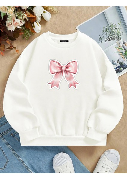 Unisex Oversize Bisiklet Yaka Basic Powder Pink Ribbom Baskılı Sweatshirt - Ekru