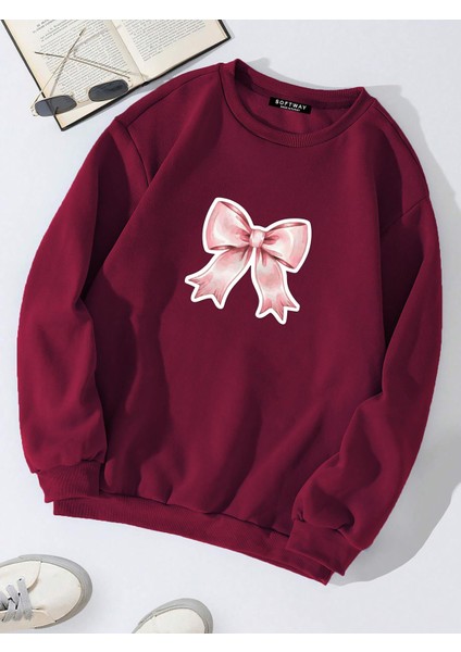 Unisex Oversize Bisiklet Yaka Basic Powder Pink Ribbom Baskılı Sweatshirt - Bordo