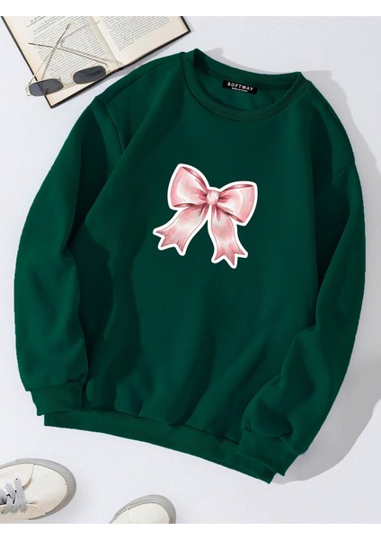 Unisex Oversize Bisiklet Yaka Basic Powder Pink Ribbom Baskılı Sweatshirt - Koyu Yeşil