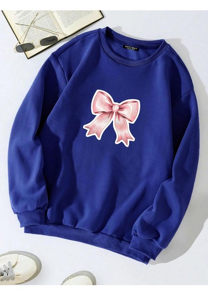Unisex Oversize Bisiklet Yaka Basic Powder Pink Ribbom Baskılı Sweatshirt - Saks Mavisi