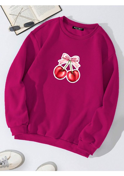 Unisex Oversize Bisiklet Yaka Basic Ribbom Cherry Baskılı Sweatshirt - Fuşya