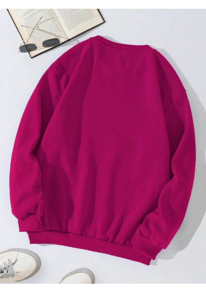 Unisex Oversize Bisiklet Yaka Basic Ribbom Cherry Baskılı Sweatshirt - Fuşya