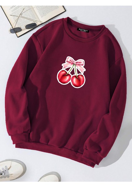 Unisex Oversize Bisiklet Yaka Basic Ribbom Cherry Baskılı Sweatshirt - Bordo