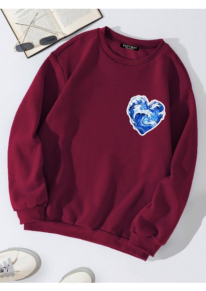 Unisex Oversize Bisiklet Yaka Basic Ocean Heart Baskılı Sweatshirt - Bordo