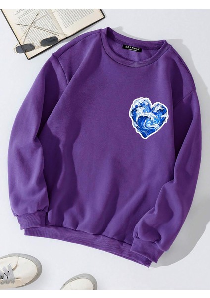 Unisex Oversize Bisiklet Yaka Basic Ocean Heart Baskılı Sweatshirt - Mor