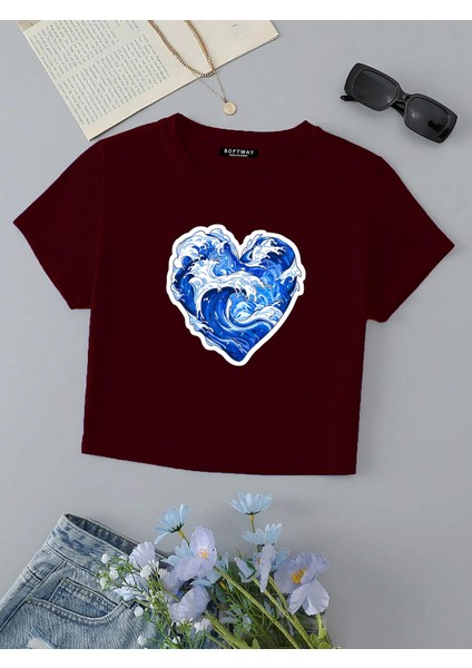 Kadın Kısa Kollu Basic Dar Kalıp Ocean Heart Baskılı Crop T-Shirt - Bordo