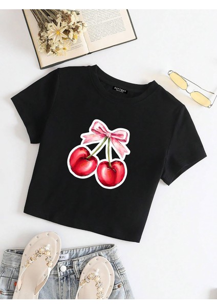 Kadın Kısa Kollu Basic Dar Kalıp Ribbon Cherry Baskılı Crop T-Shirt - Siyah