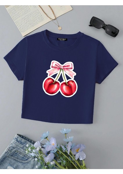 Kadın Kısa Kollu Basic Dar Kalıp Ribbon Cherry Baskılı Crop T-Shirt - Indigo