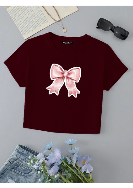 Kadın Kısa Kollu Basic Dar Kalıp Powder Pink Ribbom Baskılı Crop T-Shirt - Bordo